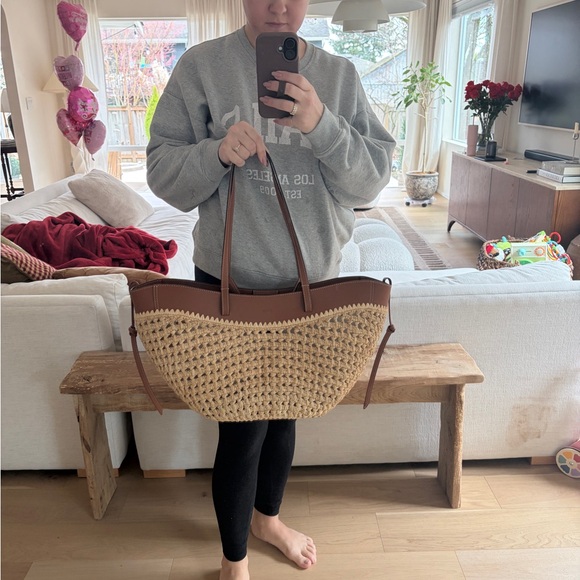 POLENE raffia cyme Tote with Brown Leather Trim - Picture 3 of 4